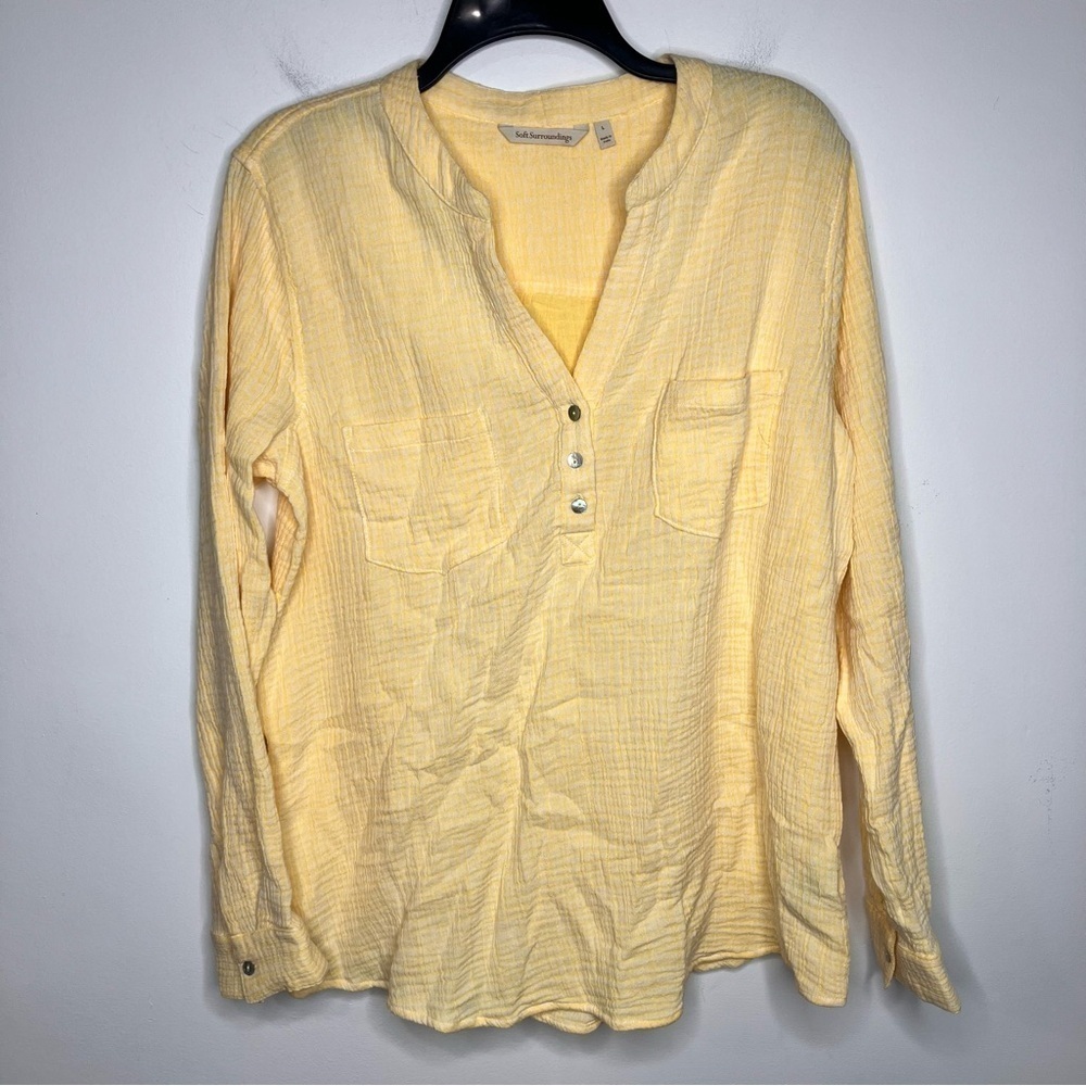 Soft surroundings yellow & white gauze muslin blouse size large